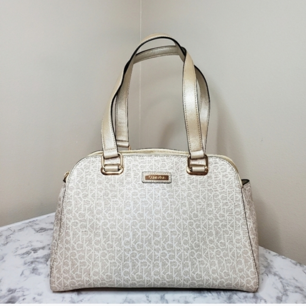 Calvin Klein Large Almond Monogram Satchel - Like New | Metallic Gold & Cream - Picture 4 of 16